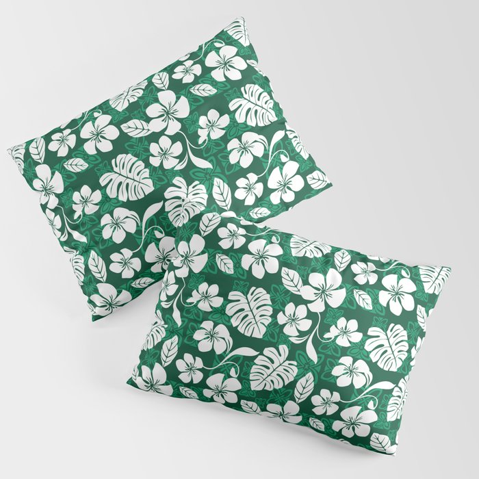 Dark Green & White Hibiscus Aloha Hawaiian Flower Blooms and Tropical Banana Leaves Pattern Pillow Sham