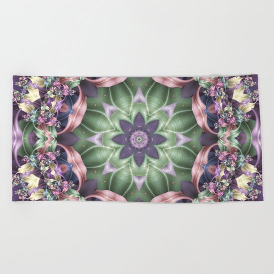 Fractal Ribbon Mandala in Purple, Green, Pink and Yellow Beach Towel