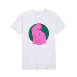 Pink Cat On Green Background Kids T Shirt