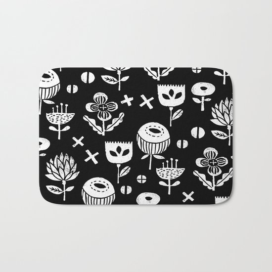 Linocut floral florals minimal scandinavian minimalist art print pattern black and white Bath Mat