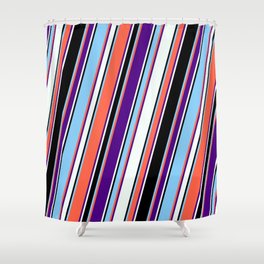 [ Thumbnail: Eyecatching Red, Indigo, Mint Cream, Black, and Light Sky Blue Colored Pattern of Stripes Shower Curtain ]