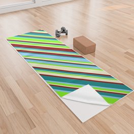 [ Thumbnail: Light Sky Blue, Green, Light Yellow, Dark Red, and Teal Colored Lined/Striped Pattern Yoga Towel ]