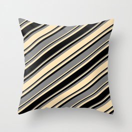 [ Thumbnail: Black, Grey & Beige Colored Striped Pattern Throw Pillow ]