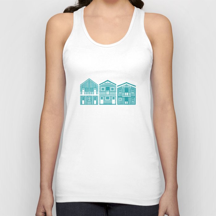 Monochromatic Portuguese houses // peacock teal background white striped Costa Nova inspired houses Tank Top