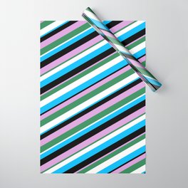 [ Thumbnail: Eyecatching Plum, Sea Green, White, Deep Sky Blue, and Black Colored Pattern of Stripes Wrapping Paper ]