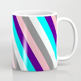 [ Thumbnail: Colorful Indigo, Cyan, Mint Cream, Grey, and Light Pink Colored Lined/Striped Pattern Coffee Mug ]