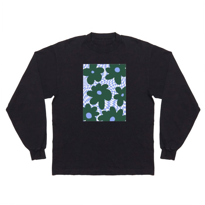  Retro Flowers on Warped Checkerboard \\ DEEP GREEN & PASTEL INDIGO COLOR PALETTE Long Sleeve T Shirt