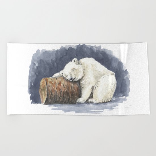 Sleeping polar bear, watercolor art Beach Towel