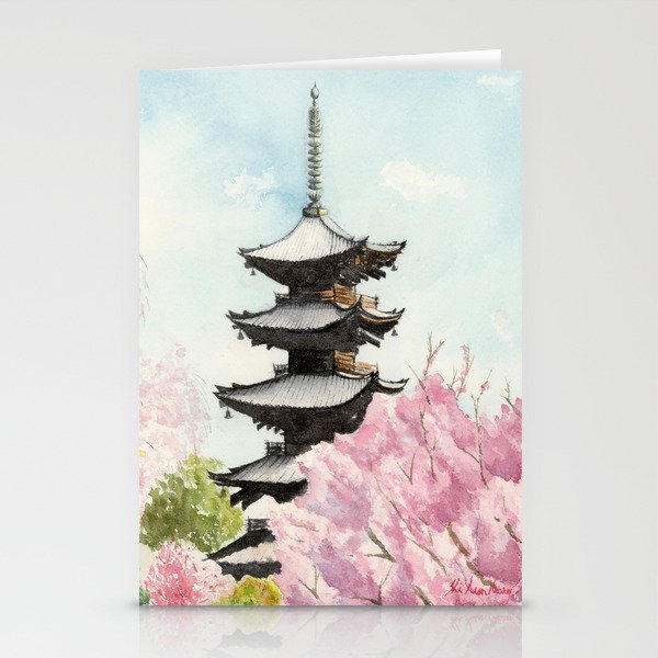 Japanese Temple Watercolor Painting Print By Suisai Genki To Ji Kyoto Sakura Cherry Blossom Stationery Cards