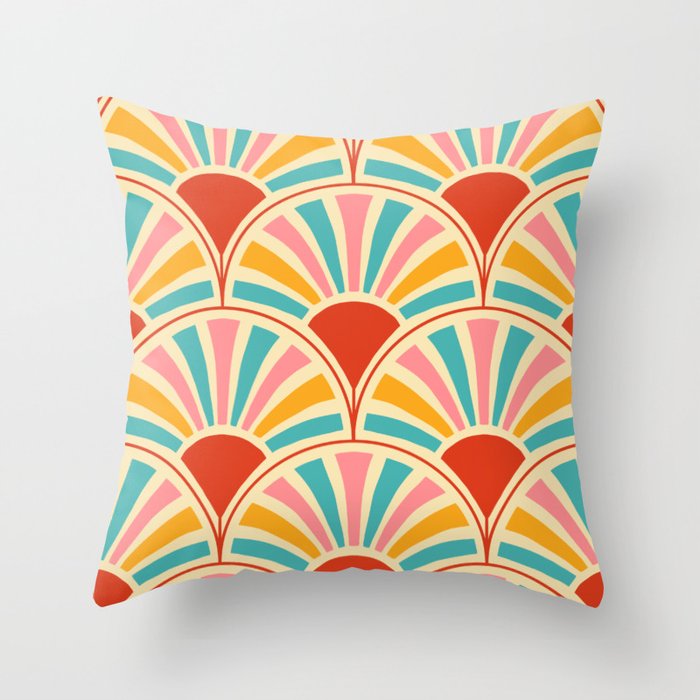Geometric Rays of Sunshine Scallop Pattern (red/yellow/blue) Throw Pillow