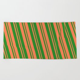 [ Thumbnail: Forest Green & Coral Colored Lines Pattern Beach Towel ]