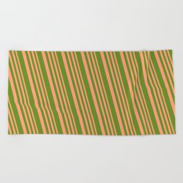 [ Thumbnail: Light Salmon & Green Colored Lined Pattern Beach Towel ]