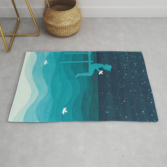 Boy with paper boats, watercolor teal art Rug