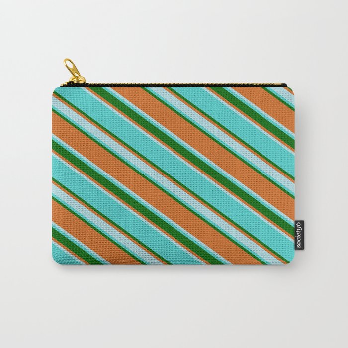 Turquoise, Dark Green, Chocolate & Powder Blue Colored Lines Pattern Carry-All Pouch