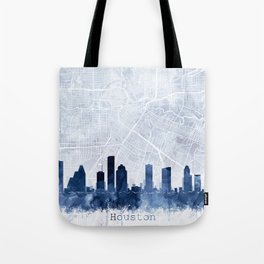 Houston Skyline & Map Watercolor Navy Blue, Print by Zouzounio Art Tote Bag
