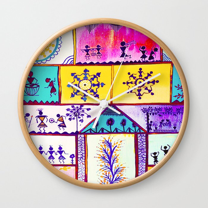 Multi Colour Warli Art Wall Clock By Manjiri Bhave Society6