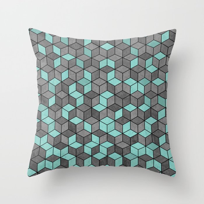 Turquoise Aquamarine Geometric 3D Concrete Textured Cubes Hexagon Pattern Throw Pillow