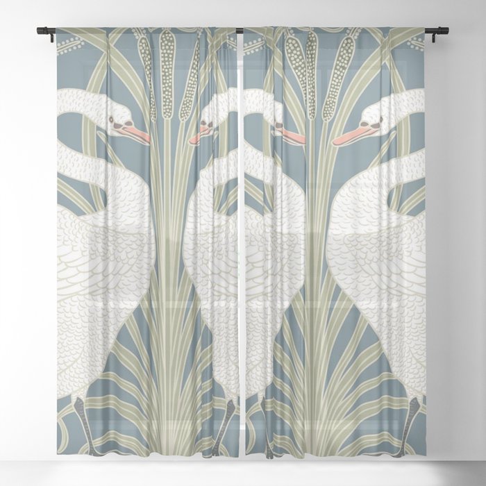 Walter Crane Swans Rush and Iris Vintage Swan Design Sheer Curtain