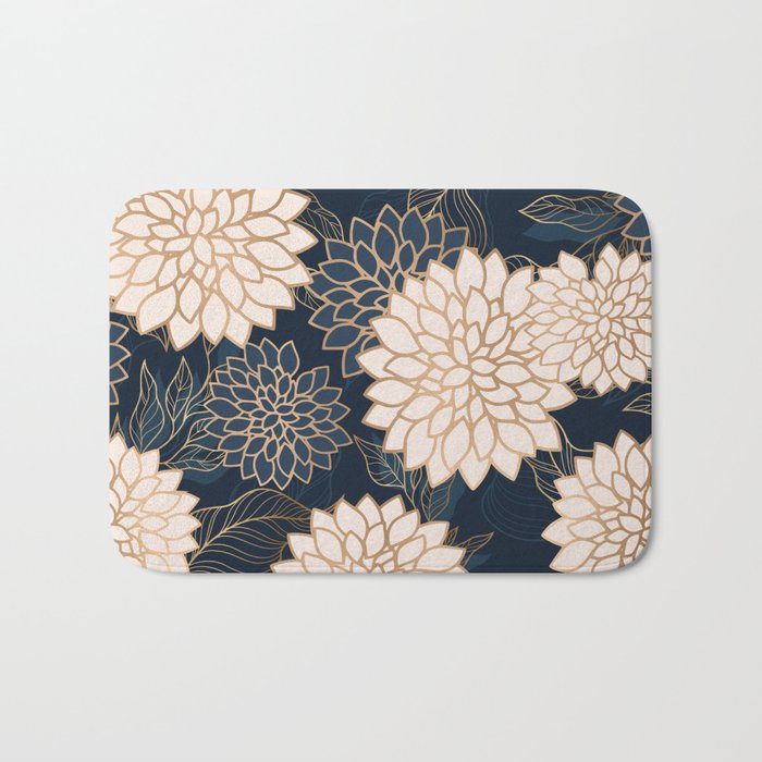Floral Aesthetic in Navy, Blue, Ivory and Gold Bath Mat