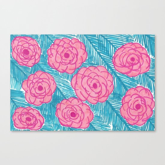Tropical Palm Leaves and Roses Print Canvas Print