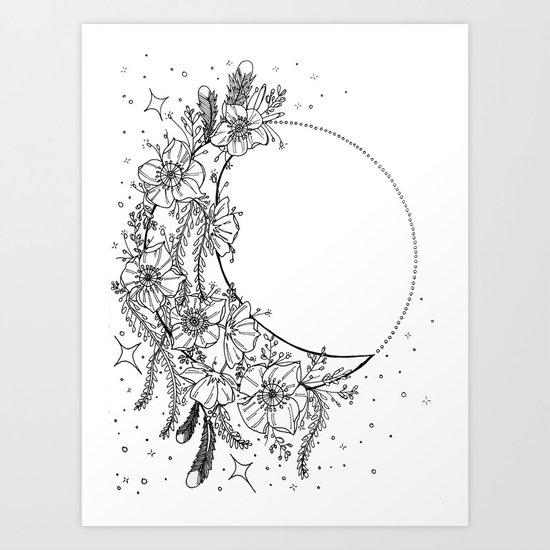 White Flower Moon Stardust Crescent Moon Dream Catcher Art