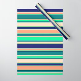 [ Thumbnail: Vibrant Light Salmon, Green, Midnight Blue, Teal, and Bisque Colored Pattern of Stripes Wrapping Paper ]