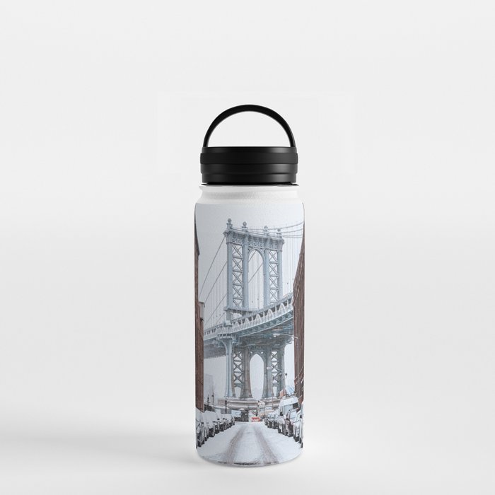 New York City Manhattan Bridge in Dumbo during snowstorm Water Bottle