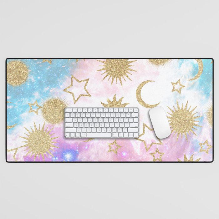 Starry pink teal galaxy nebula gold glitter moon sun universe  Desk Mat