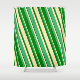 [ Thumbnail: Sea Green, Green & Beige Colored Striped/Lined Pattern Shower Curtain ]