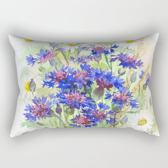 Meadow watercolor flowers with cornflowers Rectangular Pillow