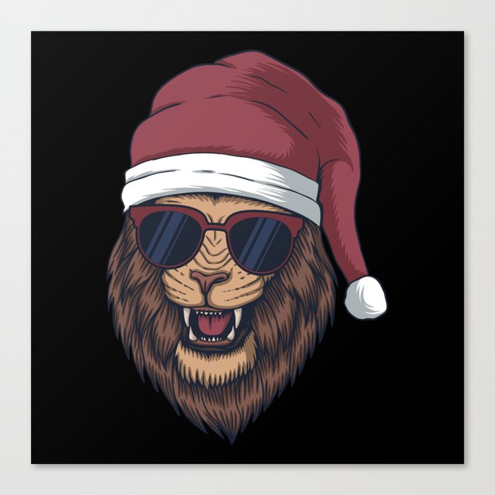 Lion head christmas illustration with sunglasses Canvas Print