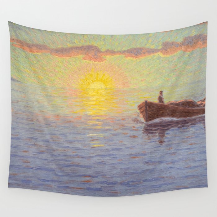 Sunset in the Archipelago pacific ocean maritime zen sailboat landscape by Otto Lindberg oil on canvas Wall Tapestry
