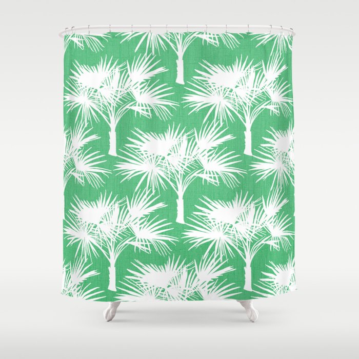 Retro 70’s Palm Trees White on Green Shower Curtain