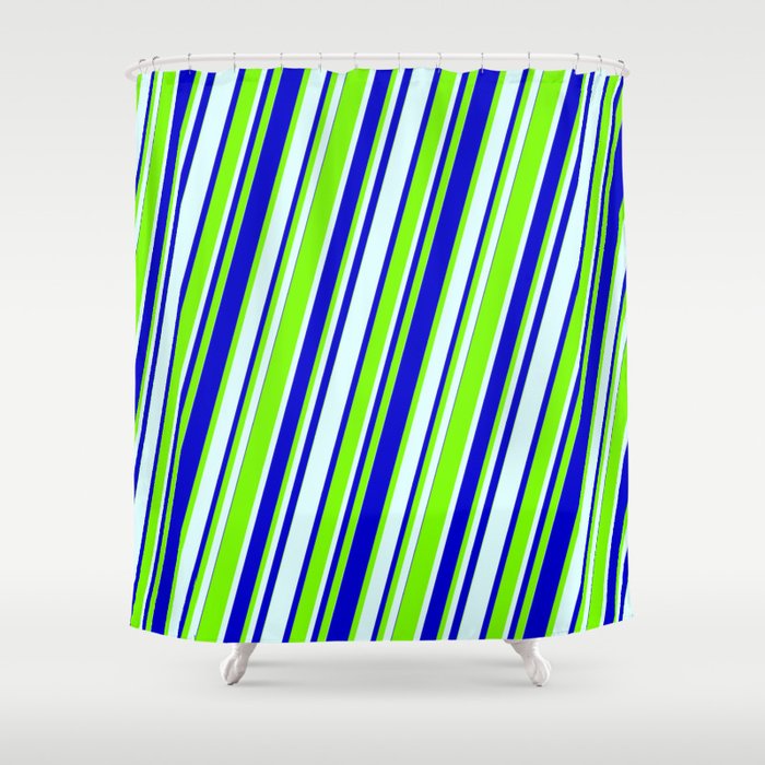 Light Cyan, Blue & Green Colored Lined/Striped Pattern Shower Curtain