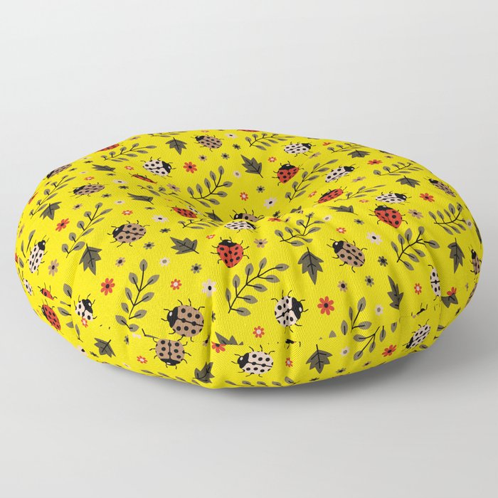 Ladybug and Floral Seamless Pattern on Yellow Background Floor Pillow