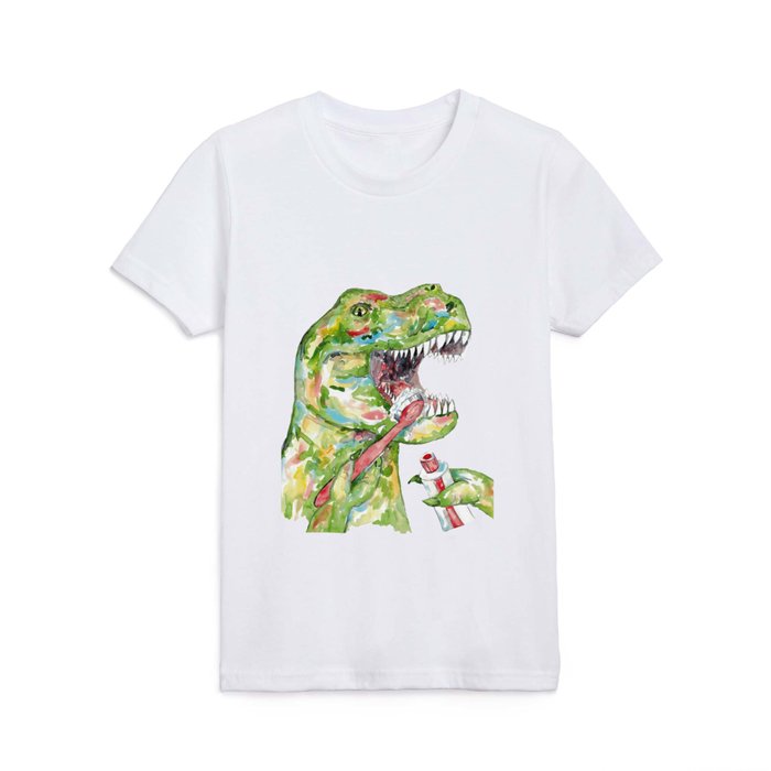 T-rex brushing teeth dinosaur painting watercolour Kids T Shirt