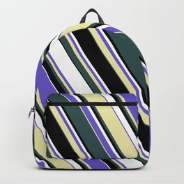 [ Thumbnail: Slate Blue, Pale Goldenrod, Dark Slate Gray, Black & White Colored Lined Pattern Backpack ]