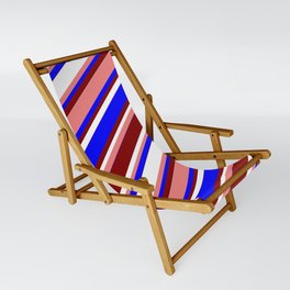 [ Thumbnail: Light Coral, Blue, Maroon, and White Colored Stripes Pattern Sling Chair ]