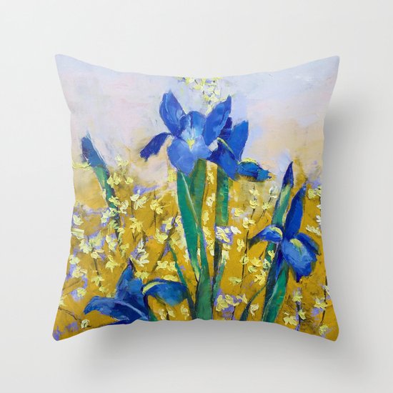 Iris and Forsythia Throw Pillow