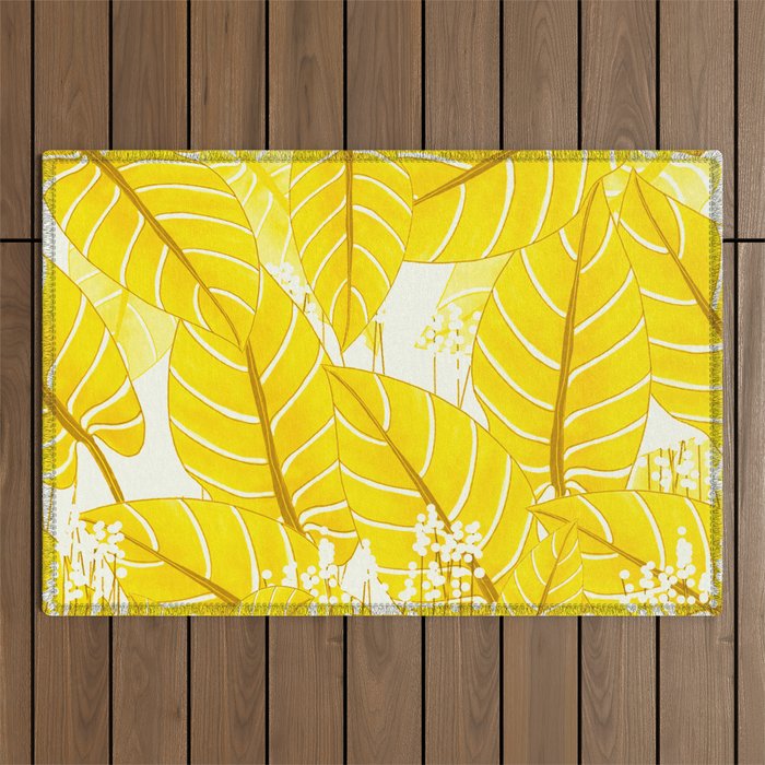 Lovely Yellow Leaves with Tiny White Flowers Spring Summer Mood - White Background #decor #society6 Outdoor Rug