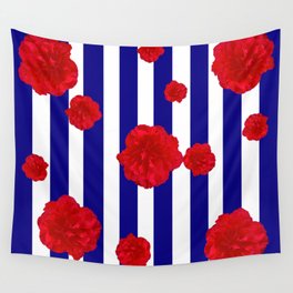 Blue Stripes Red Flowers Wall Tapestry