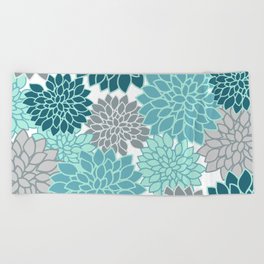Dahlia Floral Blooms in Teal and Gray Beach Towel