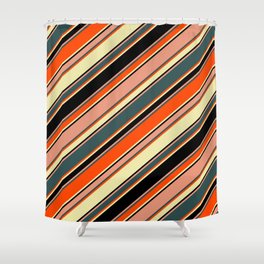 [ Thumbnail: Vibrant Dark Salmon, Dark Slate Gray, Red, Pale Goldenrod, and Black Colored Lines/Stripes Pattern Shower Curtain ]