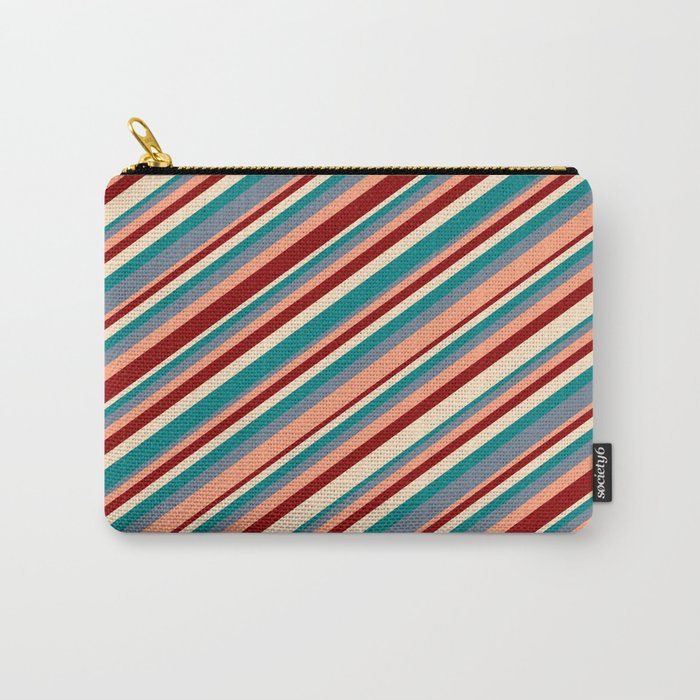 Eye-catching Bisque, Teal, Slate Gray, Light Salmon & Dark Red Colored Stripes Pattern Carry-All Pouch