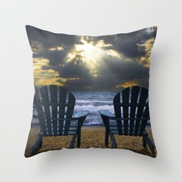 Two Adirondack Deck Chairs on the Beach with Waves crashing on the Shore Throw Pillow