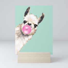 Bubble Gum Sneaky Llama in Green Mini Art Print