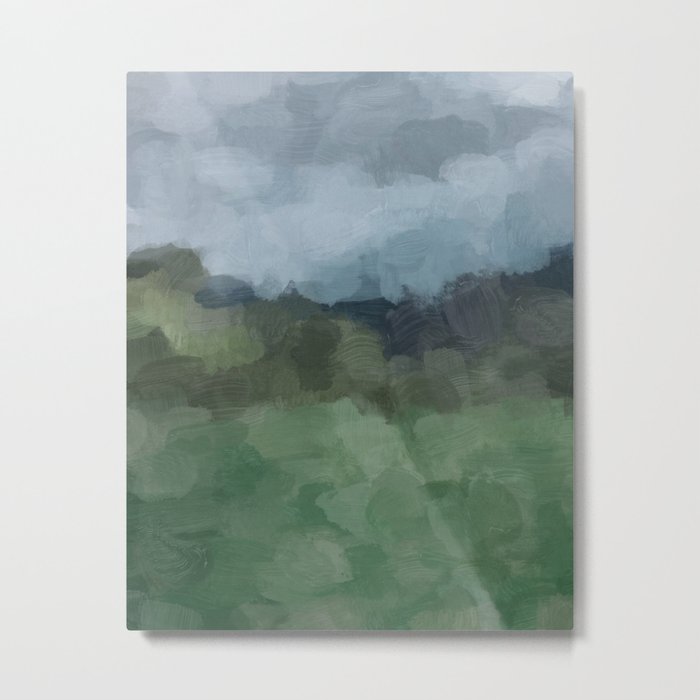 Storm in the Forest - Blue Gray Clouds Grass Green Abstract Nature Rustic Painting Art Printr  Metal Print