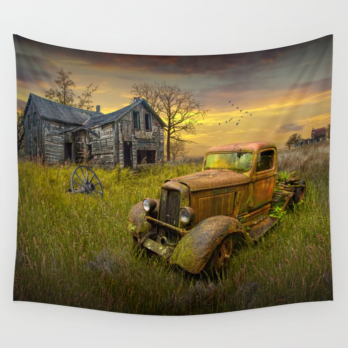 Abandoned Pickup Truck and Farm House at Sunset in a Rural Landscape Wall Tapestry