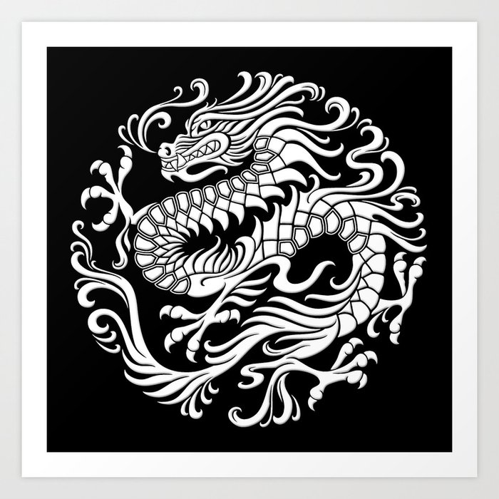 Traditional White And Black Chinese Dragon Circle Art Print By Jeffbartels