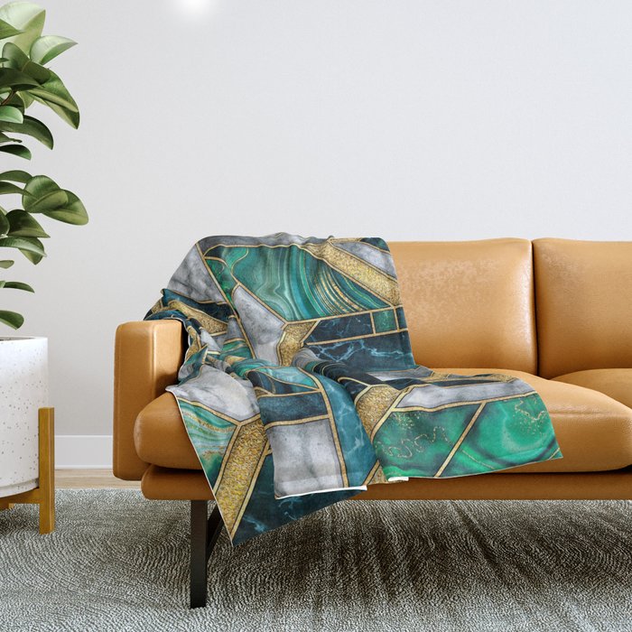 Art Deco Jewel Green + Gold Marble Geometry Throw Blanket